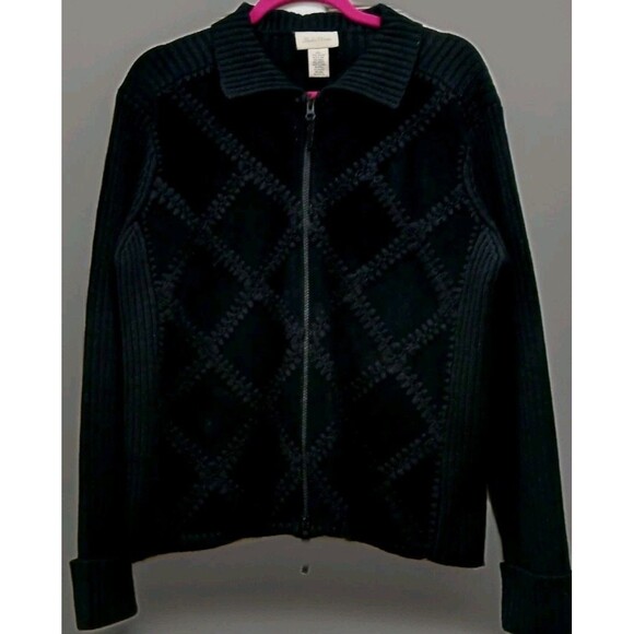 Vintage Studio Works Black Patchwork Leather Knit Zip Sweater Large Y2K Grunge - Picture 1 of 8